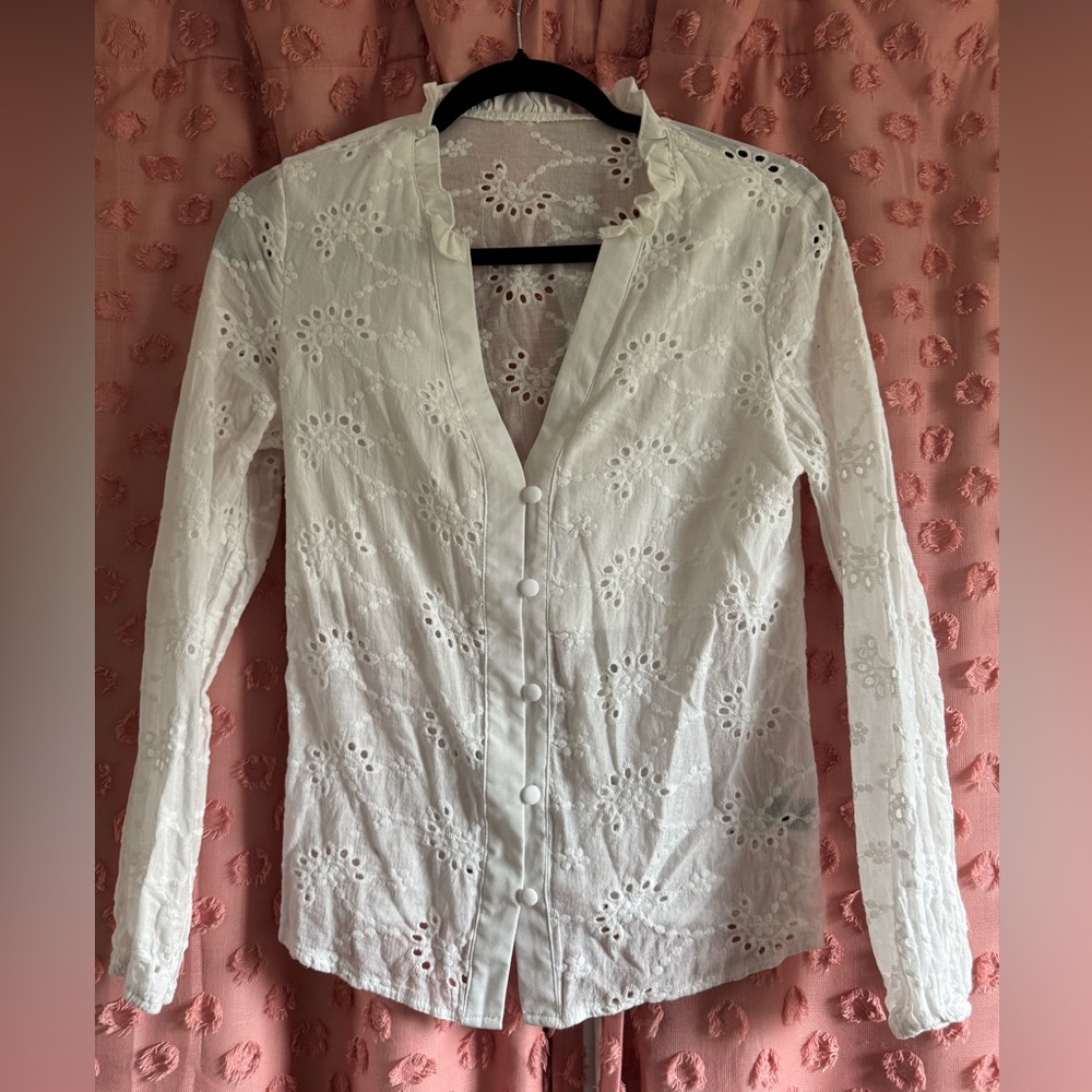 Womens white linen eyelet blouse.